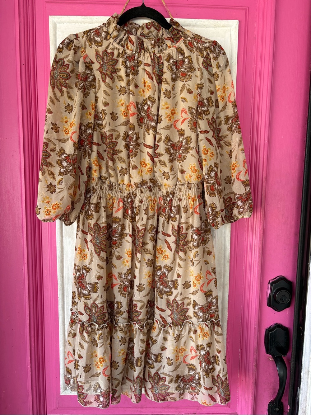 Beige Floral Smocked-Waist Midi Dress